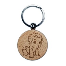 Cute Crawling Baby Engraved Wood Round Keychain Tag Charm