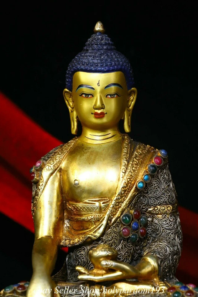 8.4" Antiguo Tíbet Bronce 24K Oro Incrustación Gemas Shakyamuni Amitabha Buda Estatua Foto 4 de 4