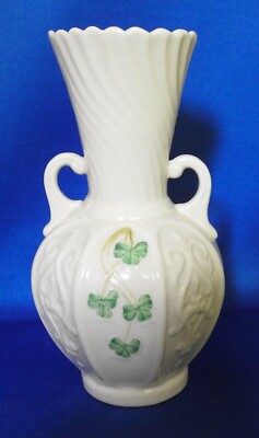Vintage Irish Belleek Shamrock Clover 2 Handle Vase No. 0857 Circa 1965-1980