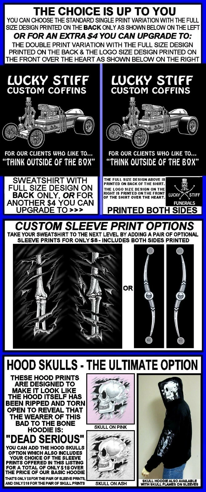 COACH Felpa con cappuccio Lucky Stiff Funerals auto bara pensa fuori scatola funerale cerniera