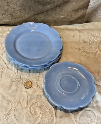 3-Jeannette Glass CHERRY BLOSSOM Delphite Blue 6" Child's Plates & 2 Saucers RBE
