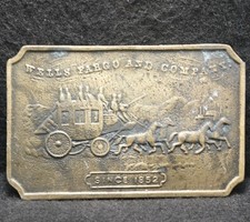 XD21139 VINTAGE 1970s WELLS FARGO COMPANY ADVERTISEMENT BRASS BELT BUCKLE
