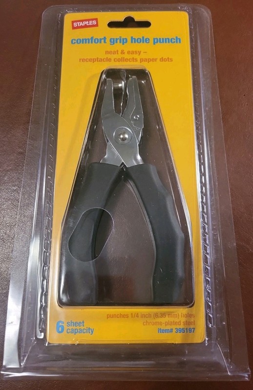 Staples 1-Hole Punch-Rubberized Comfort Grip- 6 Sheets Punches 1/4 inch Holes