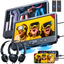 2 X 10.5" Full HD Dual Screen Car Headrest DVD Player TV USB Monitor w/ Headsets