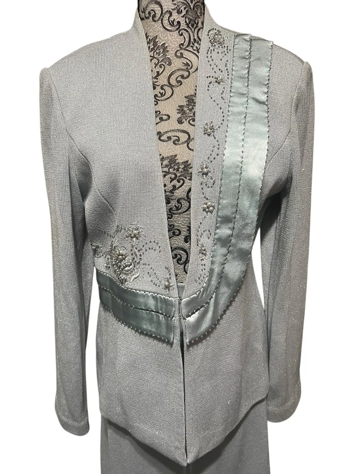 Donna Vinci Tejidos 2 piezas Azul Metálico Elastizado Tejido Falda Traje Cuentas Talla 12 Foto 2 de 4