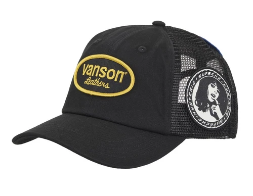 Chapeau camionneur noir Supreme x Hysteric Glamour x Vanson dos maille cuir 6 panneaux