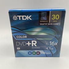 TDK DVD+R 4.7GB 16x colori confezione da 30 nuovo custodia Snap N salva