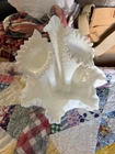 Vintage Fenton Milk Glass Hobnail Ruffled Epergne Three Horn Trumpet Vase