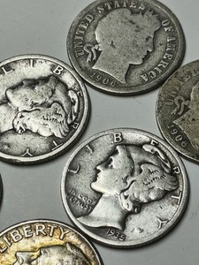 90% Silver Dimes, Lot of 6 w/ 2 Mercury Head, 2 Barber, 2 Roosevelt Nice Cond.