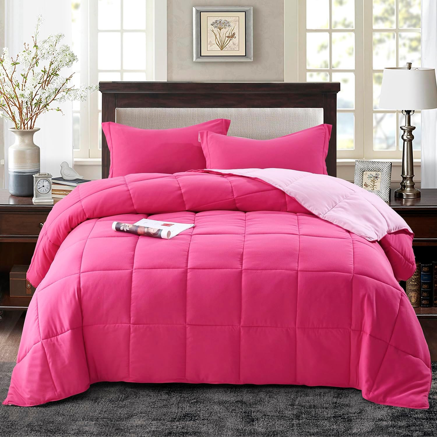 3Pc Pink Twin/Twin XL Comforter Set - All Season Reversible down Alternative Bed