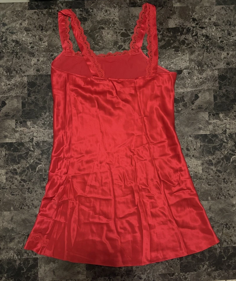 Camisón de peluche de lujo vintage OLGA 100 % seda encaje rojo M salón Foto 4 de 4