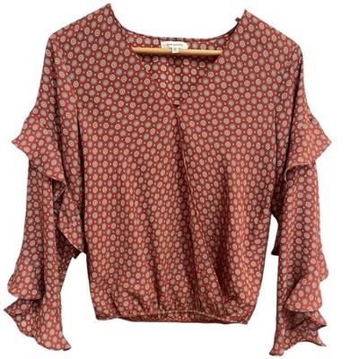 Max Studio Geometric Ruffle Sleeve Blouse Red Beige White Pullover V-Neck XS