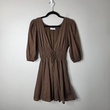 Faithfull The Brand 4 Roma Brown Mini Dress Puff Sleeves V-Neck Smocked Waist