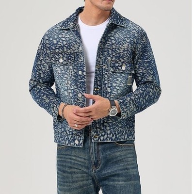 Men's Vintage Textured Denim Jacket Fashion Casual Slim Fit Printed Jean Coat