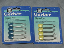 Vintage Gerber Baby Diaper Pins Lot of 2 Sealed Packs Blue Yellow 4 Pins Each