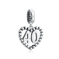 Lucky Number 40 Charms 925 Sterling Silver Heart Bead with Clear CZ Stone Fits C
