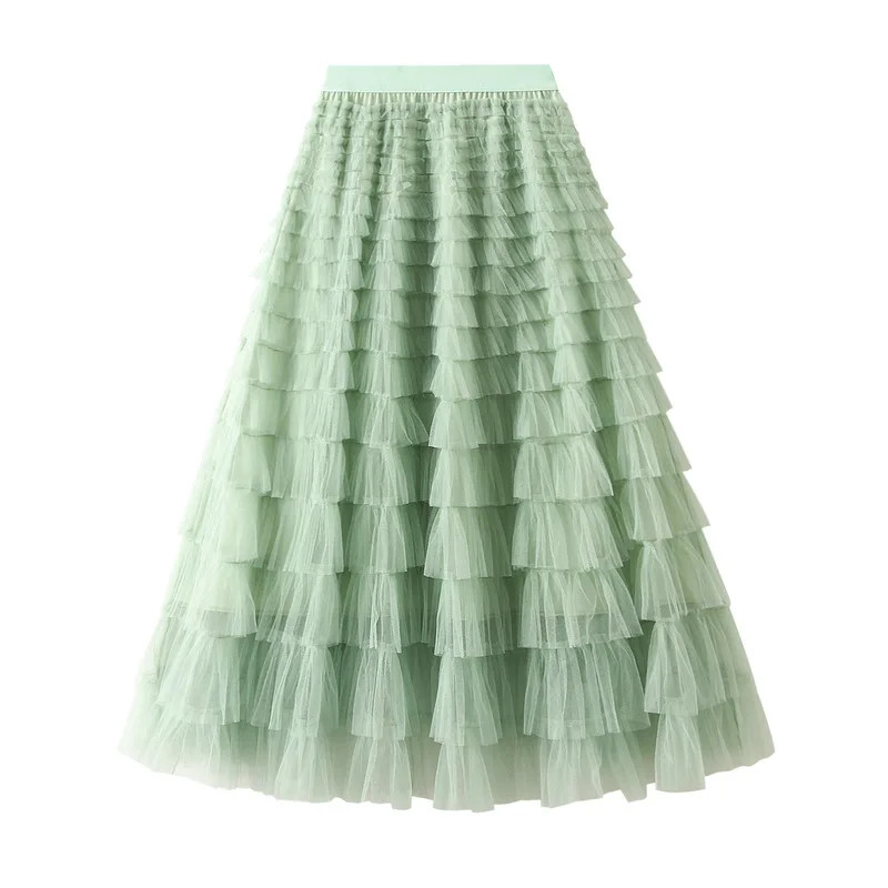 New Arrival 2025 Tulle Cake Long Skirt Women Spring Summer Ruffle Pleated A-Line