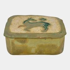 Pewabic Detroit 1940s Iridescent Gold Cigarette Box With Playful Deer Lid