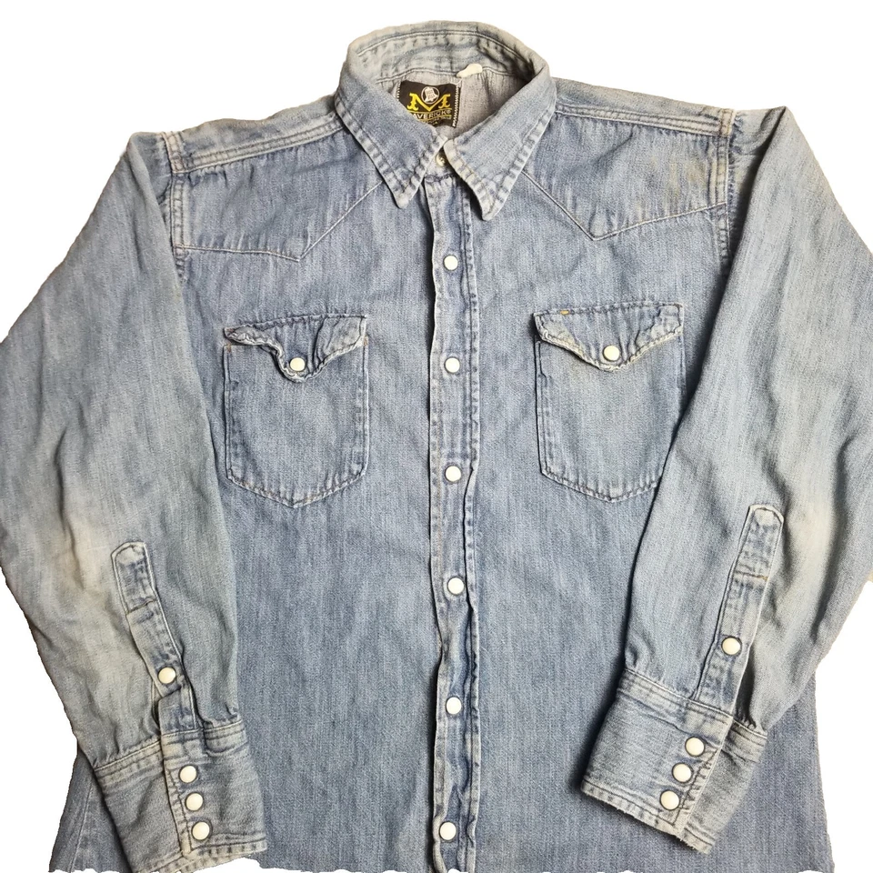 De Colección Maverick Azul Campana Perla Camisa Denim Vaquero Occidental EE. UU. 60 Talla M Foto 2 de 4