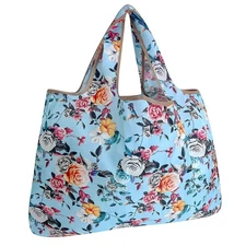 Large Reusable TOTE BAG with Roses on Blue for Groceries and Shopping