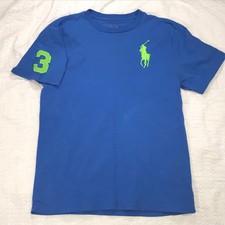 Polo Ralph Lauren Youth Large 14-16 Blue T-Shirt Big Green Pony 3 Crewneck