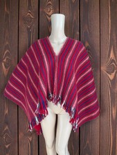 VINTAGE 70s WOOL RED Stripe BLANKET Neck Opening PONCHO 1 SIZE TELSA