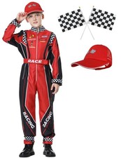 Treyrea Kids Race Car Driver Costume Jumpsuit with Cap Flags - Boys Dress Up