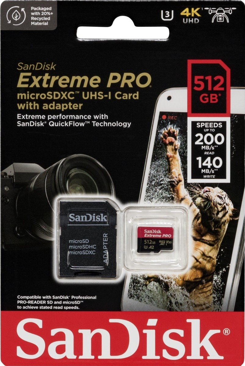 NEW: 512GB SanDisk Extreme PRO microSDXC 200MB/s A2 U3 4K Memory