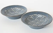 Mino Ware Japanese Ceramics Fruits Bowl Set of 2, Blue w/ Wave Pattern