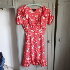 Topshop Red Floral Dress Sz 8 Faux Wrap Tie Backs