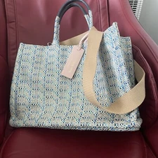 COCCINELLE NEVER WITHOUT BAG Medium Canvas Blue Shoulder Strap Tote Bag New