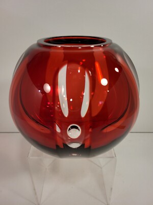 St Louis Cristal France Ruby Cut to Clear Rose Bowl 6'' x 6 3/4'' Signed VGC