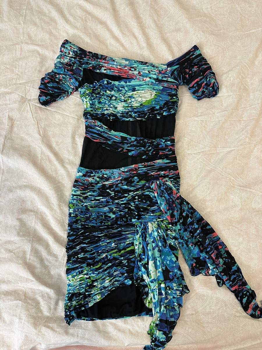 BCBG MaxAzria Runway Dutch Blue Print Jersey Mesh Cap Sleeve Bodycon Dress XXS BCBG MaxAzria Runway Dutch Blue Print Jersey Mesh Cap Sleeve Bodycon Dress XXS