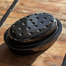 Oval Enamel Roaster Dish with Lid 33cm Black Oven Chicken Roasting Baking Tray