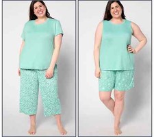 MUK LUKS Cloud Knit Short Capri Tee  Tank PJ Set-Green Garden-Medium-A640310