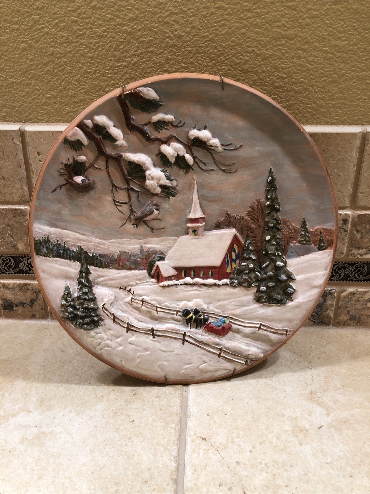 Vintage 1980 Byron Molds 3D Christmas Wall Plate Hand Painted Winter Decor