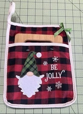 Christmas Gnome Potholder With Cutting Board Holiday Set - Red Plaid “Be Jolly"