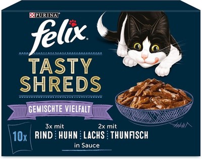 Felix Tasty Shreds Katzenfutter nass in Sauce, verschiedene Sorten-Mix (60x 80g)