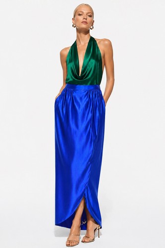 OSCAR de la RENTA Cobalt Blue Satin Silk Wrap Tulip Midi Maxi Skirt 6 S Vintage