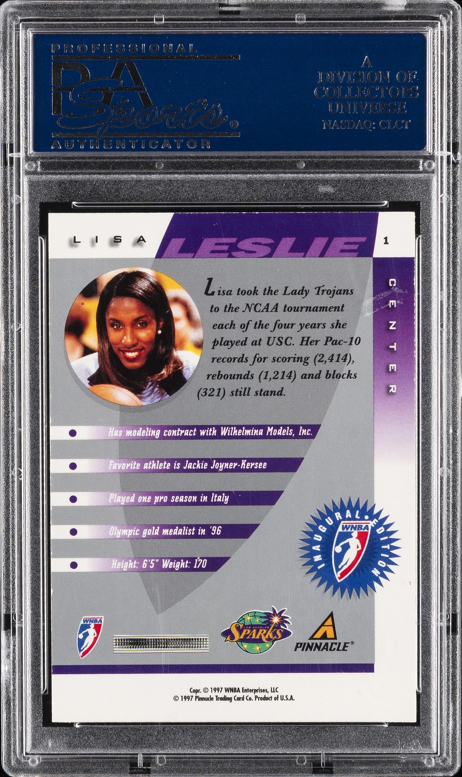 1997 PINNACLE INSIDE WNBA #1 LISA LESLIE ROOKIE RC PSA 10 view 2