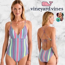 Vineyard Vines Womens XL Sconset Beachy Stipe V-Neck One Piece Swimsuit Tie Back