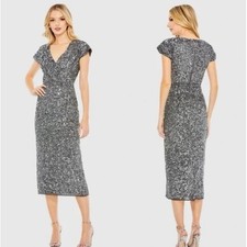Mac Duggal 10766 Gray Sequined Cap Sleeve Wrap Over Cocktail Dress Platinum Sz14