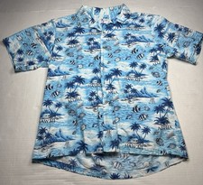 Vintage Hawaii 100 Cotton Blue Aloha Hawaiian Fish Palm Island Shirt Men's XL