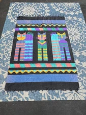 RARE Mid Century Folk Art CATS Wool Tapestry Rug Blanket Guatemala Textile MCM