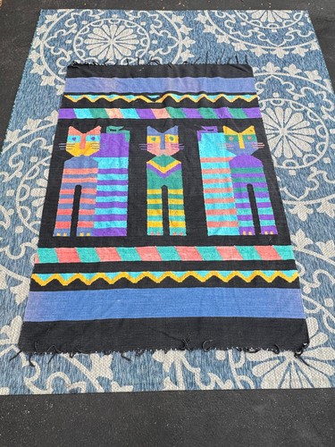 RARE Mid Century Folk Art CATS Wool Tapestry Rug Blanket Guatemala Textile MCM