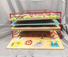 4 Unique Wooden Children s Block Puzzles Sold As A Set With Metal Storage Rack