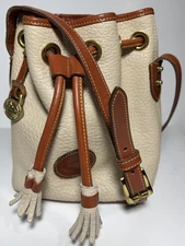 Vintage DOONEY AND BOURKE Small Leather Drawstring Bucket Crossbody Bag Cream
