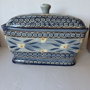 Temp-tations by Tara Old World Blue Rectangular Ceramic Bread Box with Lid MINT