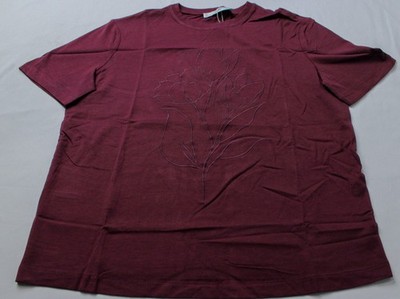 Mango Women's Short Sleeve Floral Embroidered Cotton T-Shirt Burgundy Medium NWT