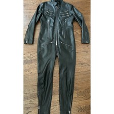 Genuine Soft Sheepskin Leather Catsuit Black Bodysuit Jumpsuit Overall Suit